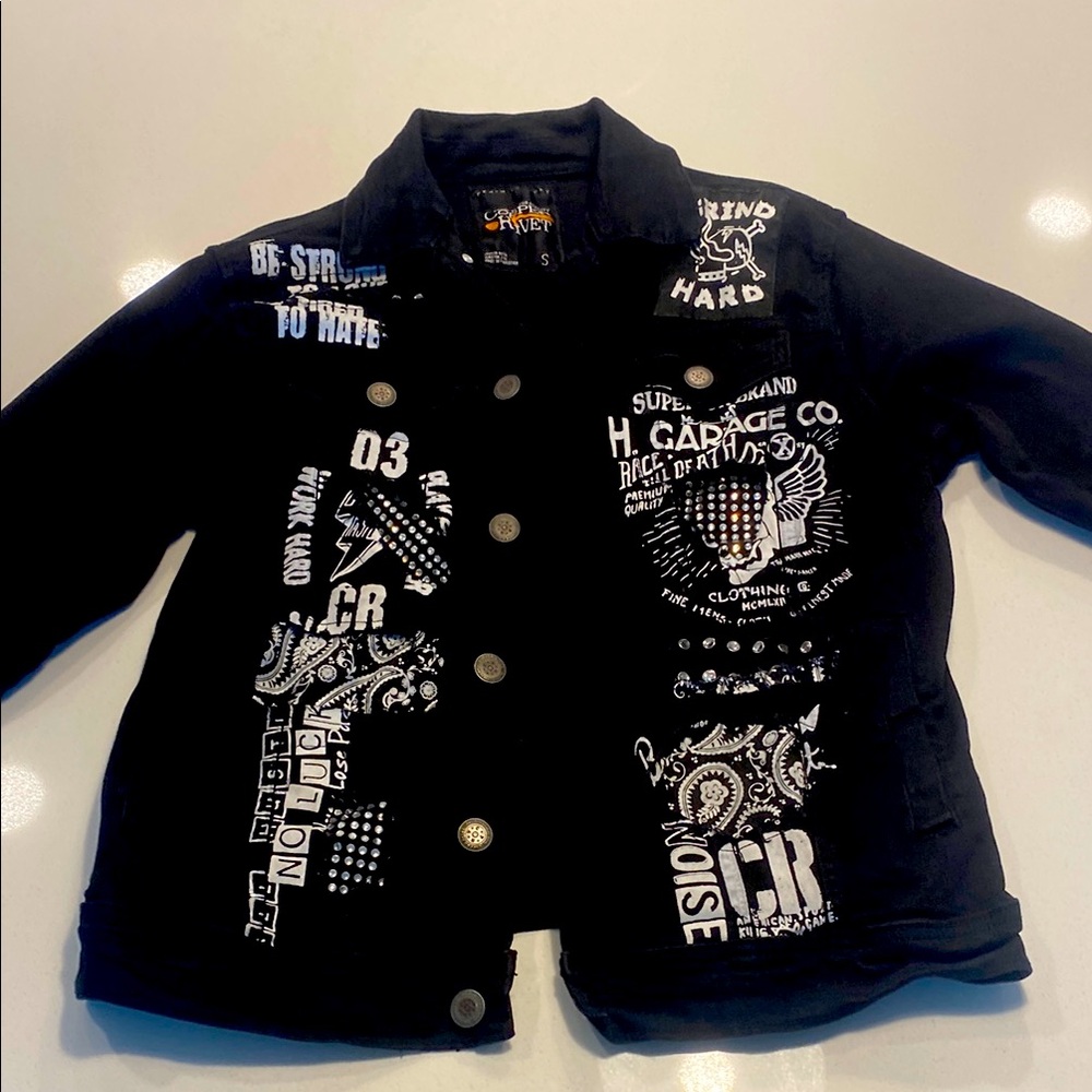 Denim Factory Small Graphic Black / White vintage Jean Jacket 9/10 Condition